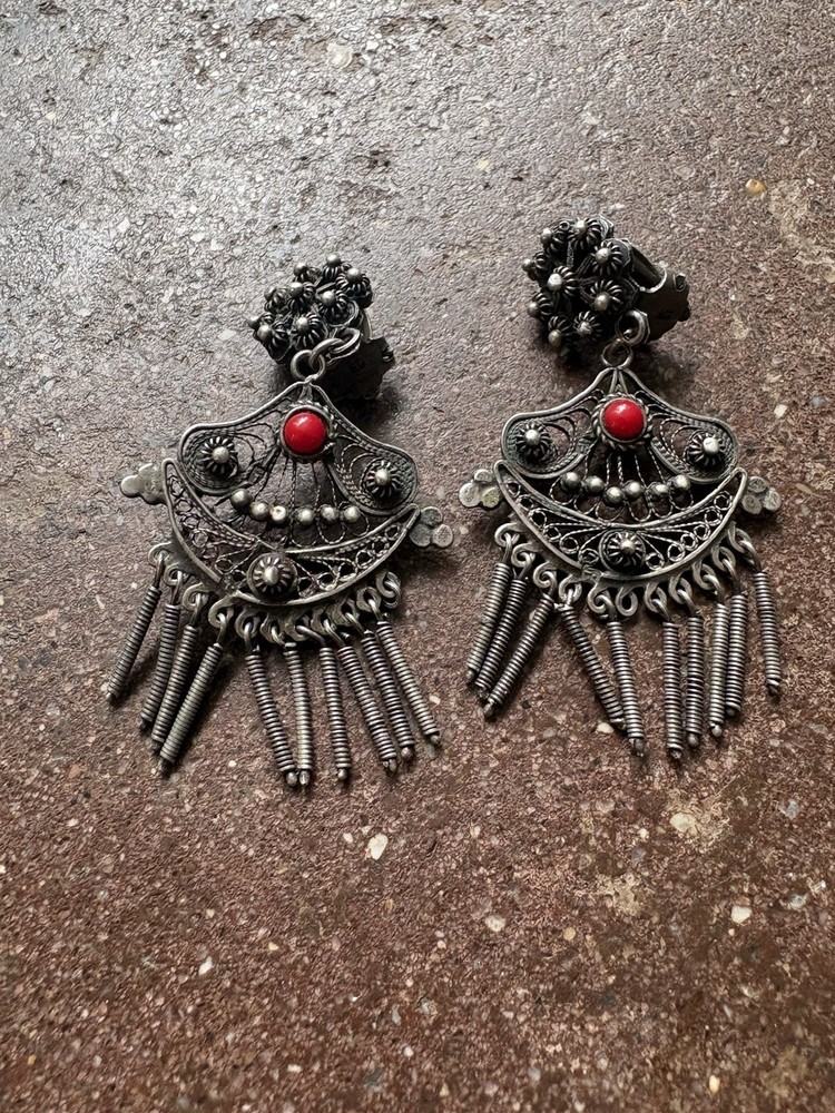 Antique Southwest Silver Earrings Clip On Red Coral