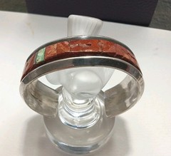 Vintage Sterling Silver Red Coral Turquoise Cuff Signed by D. Nightengale 1970s
