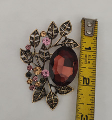 Vintage Gold Tone Floral and Leaf Brooch Autumn Brown Pink and Amber Rhinestones