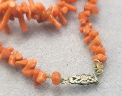 Vintage Red Coral Bead Necklace And Matching Clip Earrings , 17in.