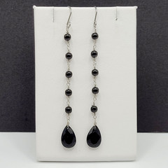 Black Onyx Bead Shoulder Duster Long Linear Silver Tone Pierced Hook Earrings