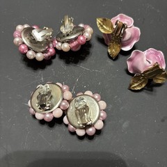 3 Pairs Pink Beaded Japan (2) And Pink Roses Excellent Glass Acrylic Metal