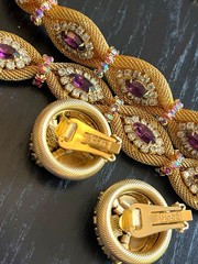 Rare Outstanding Vintage HOBE Set Necklace Bracelet Earrings Amethyst Gold Mesh