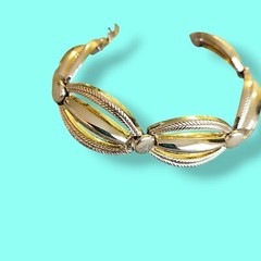 7in Signed Lisner Vintage Retro Oval Panel Link Bracelet Gold Tone