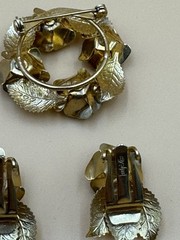 Vtg Judy Lee Gold Rose Leaf Wreath Brooch Clip Earrings Set