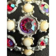 Vintage Pot Metal Brooch AJC Rhinestone Silver Tone Aurora Borealis Faux Pearl