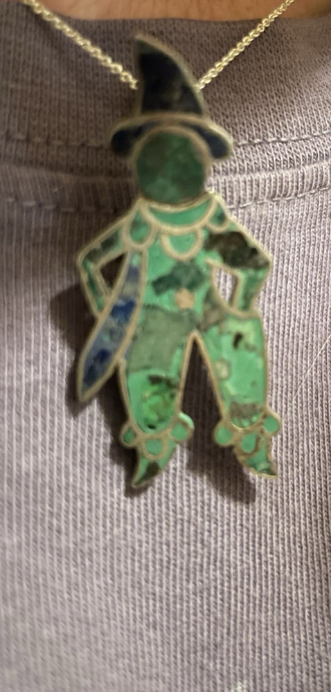 Vintage Sterling Necklace Repurposed Malachite Lapis Stone Inlay Jester READ