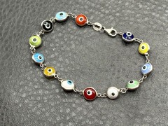 Vintage Sterling Silver 925 Multicolor Glass Evil Eye Link Bracelet 7.5″