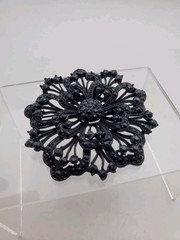 Vintage HUGE JET Black Japanned RHINESTONES Mourning BROOCH PIN FLOWER 2.5″