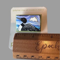 Paper Moon Polymer Clay Loon Brooch Hand Painted Maine Folk Art Nature Pin