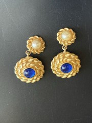 Gold Tone Floral Brooch Earrings Set Statement Purple Blue Green Dangle Drop