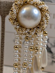 Vintage Faux Pearl Waterfall Pierced Earrings Gold Tone Statement Runway Glam