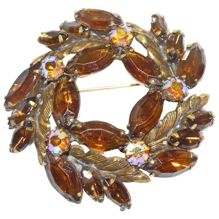 Vintage Mid Century Prong Set Navettes & Aurora Borealis Rhinestone Brooch