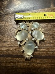 Vintage Joseph Mazer Jomaz Golden Ridged Moonstone Cabochon & Rhinestone Brooch