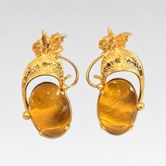 1/20 Gold Filled Tiger Eye Clip-On Earrings Vintage Floral Filigree 1.25″ bc-46