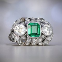 Antique Green Emerald & Lab Created Diamond Three-Stone Wedding 925 Silver Ring