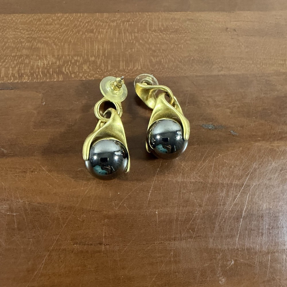 Vintage Style Gold Tone Pewter Ball Stud Dangle Earrings Grannycore Classic