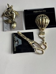 Vintage Gold Tone Brooches Lot;Hot Air Balloon; Bubble Fish Marked AJC;Scissors