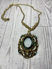 Vintage Western Germany Necklace Ornate Brass Filigree With Green Rhinestones.