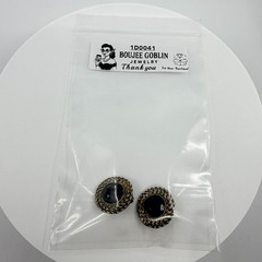 Black Faceted Cabochon Clip-On Earrings Silver Tone Rope Edge Gothic