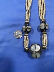 Vintage Bead Ethnic Boho Silver tone Bone / metal/ mother of pearl Necklace