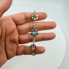 Multicolor Crystal Beaded Bracelet Silver Tone Boho Layering Statement Jewelry