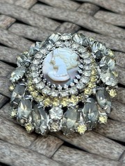 Vintage Signed Hobé Smoky Gray Rhinestone Faux Cameo Brooch Rhodium Plated