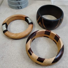 Vintage Inlay Wood Bangle Bracelets Chunky Lot Of 3 Sz 7.5-8