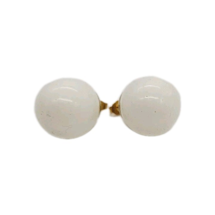 White Enamel Ball Earring Round Huge Couture Art Deco Vintage .75 in