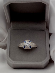 Vintage BBJ Sterling 1.00ct Round Crystal 4 Blue Sapphire Art Deco ring Sz9 4gr