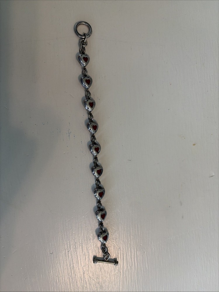 Vintage 9 Links of red Enamel Hearts Sterling Silver 0.925 7″ Bracelet w Toggle