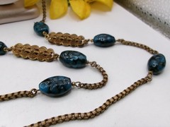 RARE SIGNED Miriam Haskell BLUE Glass BEADS Gold Tone Necklace~36 Inches Long