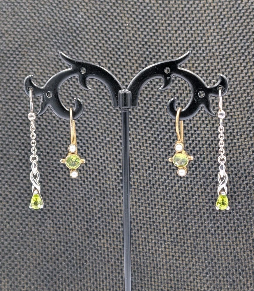 2 Pair – Vtg Sterling Silver Green Glass & 1 FW Pearl Hook Dangle 925 Earrings