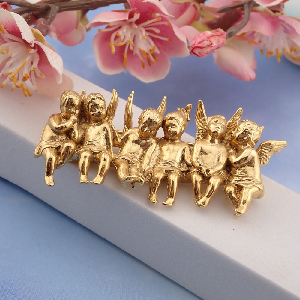 Vintage Edgar Berebi All In A Row Angel Child Gold Tone Pin Brooch