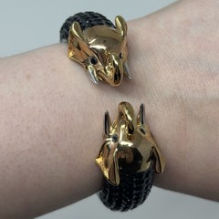 Vintage Joann Boyce Black Rhinestone Gold Tone Elephant Heads Bracelet 6.25”