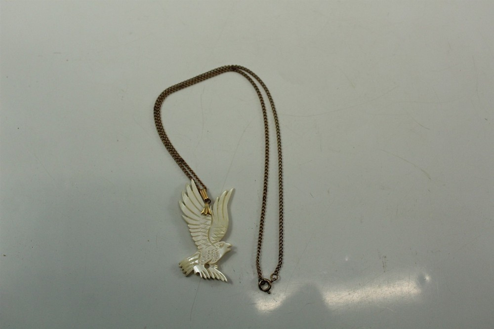 Vintage Hand Carved Shell Flying Eagle Pendant Necklace w/ Goldtone Alloy Chain