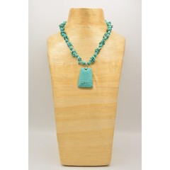 Vintage Cabochon Pendant Necklace Beaded Faux Turquoise Stone Statement Bin1D