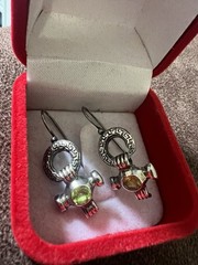Vintage 925 Sterling Silver Green Stone Drop Dangle Earrings Greek Key Design
