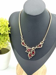 Barclay Vintage Goldtone Ruby Red Marquise Rhinestone Leaf Cluster Necklace