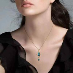 Art Deco Style Lab Created Blue Topaz Diamond Wedding Pendant 14k Yellow Gold FN