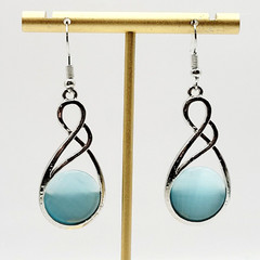 Sky Blue Round Glass Silver Tone Open Metal Drop Dangle Pierced Hook Earrings