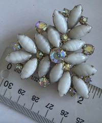 Vtg Rectangle GoldTone Brooch AB Rhinestone White Milk Glass Marquise Stones B30