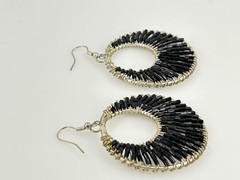 Vintage Wire Wrap Hoop Earrings Silver Tone Black Tube Beads Dangle