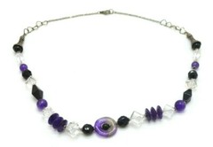 Purple Almandine Black Clear Glass Abstract Bead Beaded Silver Tone Necklace