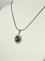 Vintage Gothic Black Onyx Oval Pendant Necklace Ornate Filigree Spiga Chain