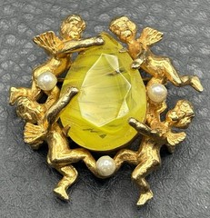 Vintage Jeanne Brooch Cherub Angel Marbled Swirl Yellow Rhinestone Nouveau Style