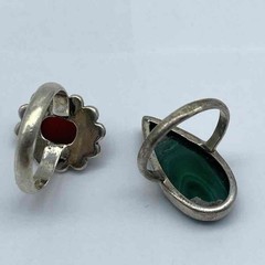 Sterling Silver 925 Malachite and Red Stone Ring Set Size 8 Vintage Style
