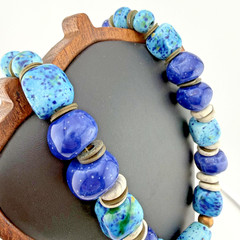 Vintage Chunky Artisan Blue Glazed Ceramic Bead Statement Necklace