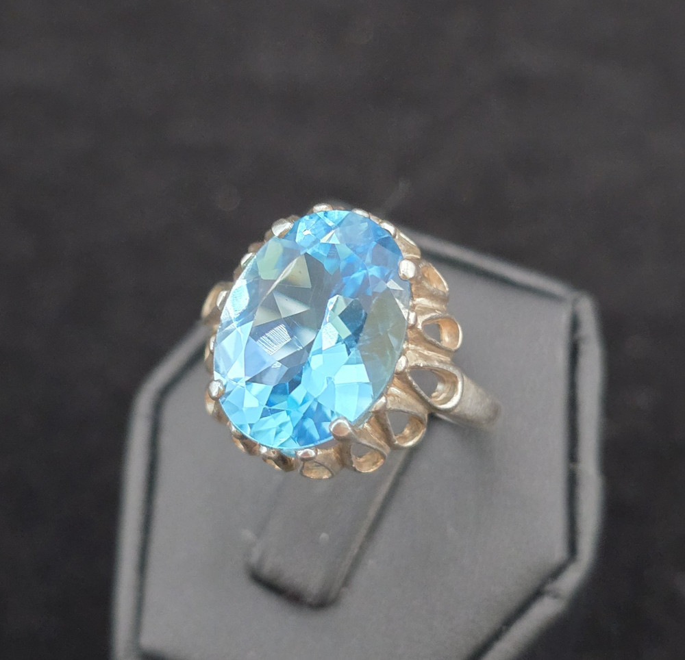 Vtg Sterling Large Blue Topaz Statement Ring 11.25 Kabana Faceted Openwork Crown