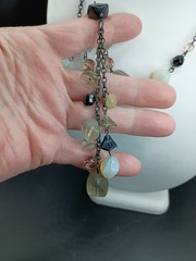 Vintage Glass & Opalite Beaded Tassel Necklace Faux Lariat Black Chain 27″ Long